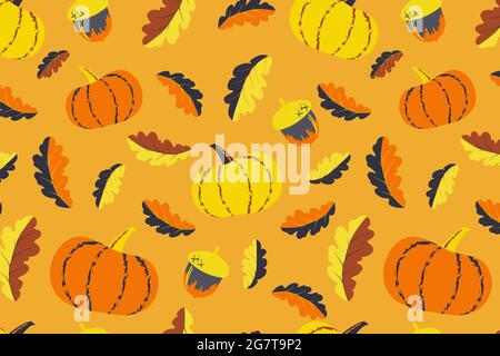 Cute autumn seamless pattern. Pumpkin and acorn elements illustration. Stock Vector