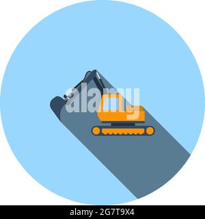 Icon Of Construction Excavator. Flat Circle Stencil Design With Long Shadow. Vector Illustration. Stock Vector