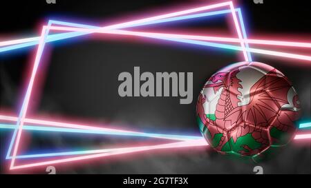 Soccer ball in flag colors on abstract neon background. Wales. 3D image Stock Photo