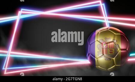 Soccer ball in flag colors on abstract neon background. Andorra. 3D image Stock Photo