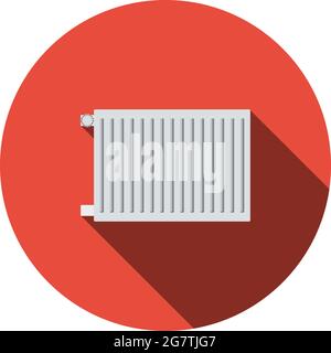 Icon Of Radiator. Flat Circle Stencil Design With Long Shadow. Vector Illustration. Stock Vector