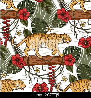 Jungle tiger exotic tropical seamless pattern with hibiscus flower. Animal floral nature fabric illustration. Textile palm leaf tropic print design. Stock Vector