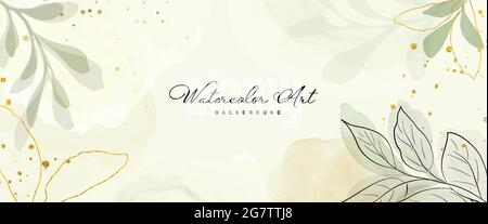 Abstract art watercolor green leaves botanical and gold glitter for nature banner background. Watercolor hand-painted design suitable for use as heade Stock Vector