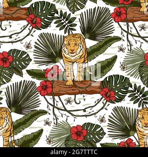 Jungle tiger exotic tropical seamless pattern with vine and hibiscus flower. Animal floral nature fabric illustration. Textile palm leaf tropic print design. Stock Vector