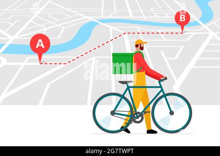 Bicycle delivery ordering service banner design template. Route with geotag gps location pins on city street map and express carrying courier with backpack. Online order vector eps illustration Stock Vector