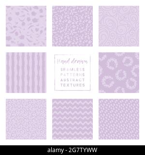periwinkle pastel lavender hand-drawn blots and brush stroke seamless patterns collection. Stock Vector