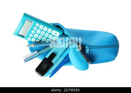 Pencil case with stationary isolated on white background Stock Photo
