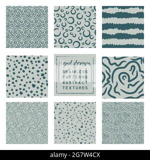 teal green and gray hand drawn abstract scribble seamless patterns set. Stock Vector