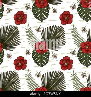 Red hibiscus floral wallpaper flower seamless pattern. Hawaiian tropical background illustration design with palm and monstera leaf. Summer vector graphic. Stock Vector