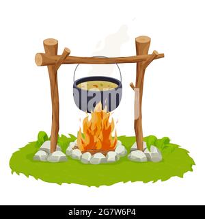 Black camping pot over a campfire in cartoon style isolated on white background. Wooden sticks, fire with stones, decorated with grass. Picnic cooking, travel preparation. Vector illustration Stock Vector