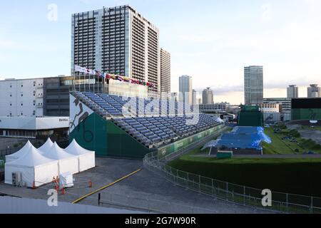 Tokyo, Japan. 16th July, 2021. A view of the Ariake Urban Sports Park. Tokyo was to host the 2020 Summer Olympic Games from 24 July to 9 August 2020, however because of the COVID-19 pandemic the games have been postponed for a year and are due to take place from 23 July to 8 August 2021. Credit: Valery Sharifulin/TASS/Alamy Live News
