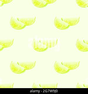 Green limes and lime slices repeat seamless pattern on light background. Stock Photo