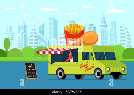 Fast food street truck with menu signboard outdoor city park. Chicken and french fries on van roof. Fried potato and crispy leg delivery service banner. Festival cuisine wheels poster eps illustration Stock Vector