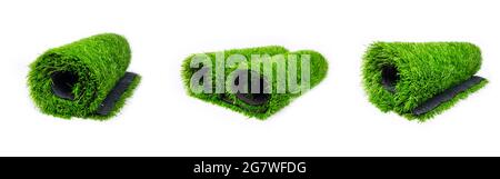 set artificial turf roll of green grass isolated on white background illustration. Stock Photo