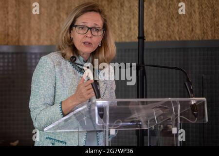 Madrid, Spain. 16th July, 2021. Nadia María Calviño Santamaría, First Deputy Prime Minister of Spain since July 2021 and Minister for Economic Affairs and Digital Transformation, speaks in an event about digital entrepreneurs in Madrid. Credit: SOPA Images Limited/Alamy Live News Stock Photo