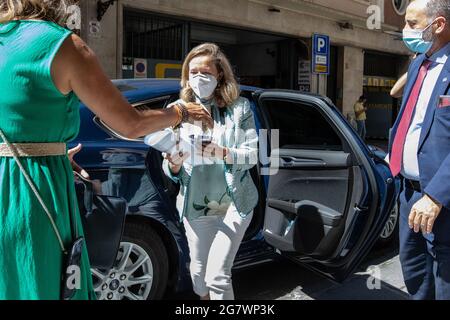 Madrid, Spain. 16th July, 2021. Nadia María Calviño Santamaría, First Deputy Prime Minister of Spain since July 2021 and Minister for Economic Affairs and Digital Transformation, arrives to an event about digital entrepreneurs in Madrid. Credit: SOPA Images Limited/Alamy Live News Stock Photo