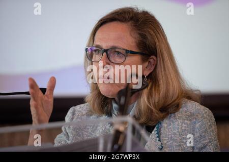 Madrid, Spain. 16th July, 2021. Nadia María Calviño Santamaría, First Deputy Prime Minister of Spain since July 2021 and Minister for Economic Affairs and Digital Transformation, speaks in an event about digital entrepreneurs in Madrid. Credit: SOPA Images Limited/Alamy Live News Stock Photo