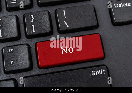Desktop keyboard with No button. Red key with word No on a black computer keyboard. Keypad enter button with message. Refusal, disagreement concepts. Stock Photo