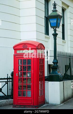 British Design Icons - The Red and the Blue - Phone Box and Police Lantern Stock Photo