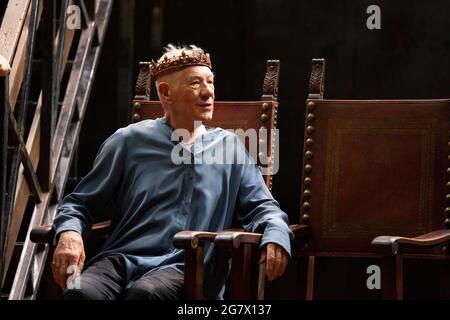 Ian McKellen as Hamlet in HAMLET by Shakespeare opening at the Theatre Royal Windsor, England on 20/07/2021 set design: Lee Newby  costumes: Loren Epstein  wigs & make-up: Susanna Peretz  lighting: Zoe Spurr  director: Sean Mathias Stock Photo