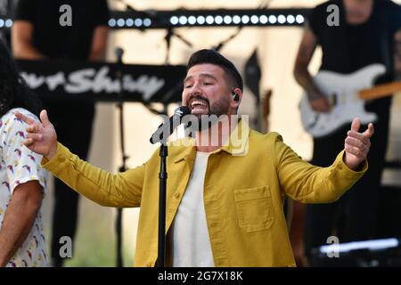 Dan Smyers and Shay Mooney of Dan + Shay perform On 'Today' Show at Rockefeller Plaza on July 16, 2021 in New York. Stock Photo