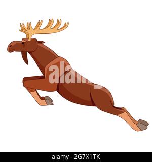 Wild Bull moose jumping in the air. Woodland moose in cartoon style. Scene from wild. Cartoon character vector flat illustration isolated on a white Stock Vector