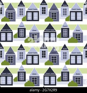 Houses with bushes on a striped background seamless pattern, vector illustration. Different minimalistic houses in blueberry and gray colors. Sweet ho Stock Vector