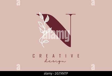 Red N letter logo design with white leaves branch vector illustration. Creative and elegant icon with letter N. Stock Vector