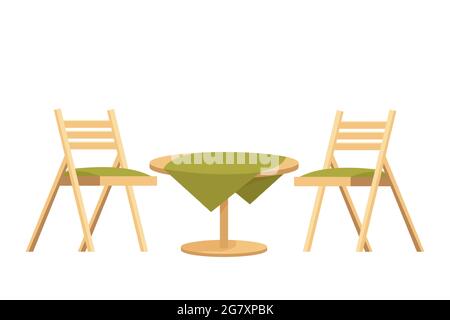 Wooden round table with tablecloth and two chairs textured in cartoon style isolated on white background. Backyard, outdoor furniture, decoration. Vector illustration Stock Vector