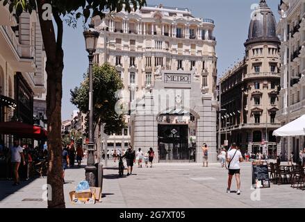 Madrid, Spain. 16th July, 2021. Reopening of the Gran Vía entrance of the Madrid metropolitan, Metro, and temple of the architect Antonio Palacios. Montera street, Madrid, Spain. Credit: EnriquePSans/Alamy Live News Stock Photo