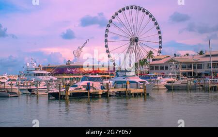Miami , Florida. June 28, 2021. Panoramic view of Skyviews Miami Observation Wheel and Hard Rock Cafe in Bayside Mar 50