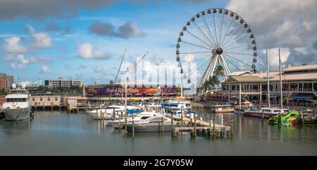 Miami , Florida. June 28, 2021. Panoramic view of Skyviews Miami Observation Wheel and Hard Rock Cafe in Bayside Mar 54