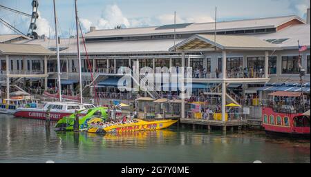 Miami , Florida. June 28, 2021. Partial view of Bayside Marketplace and colorful boats. Stock Photo