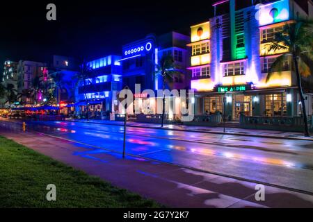 Miami Beach, Florida. June 29, 2021. Panoramic view of Ocean Drive at night (1) Stock Photo