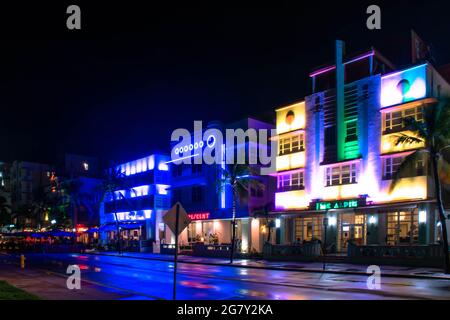 Miami Beach, Florida. June 29, 2021. Panoramic view of Ocean Drive at night (2) Stock Photo