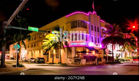 Miami Beach, Florida. June 29, 2021. Panoramic view of Osteria del Teatro on Collins Ave. Stock Photo