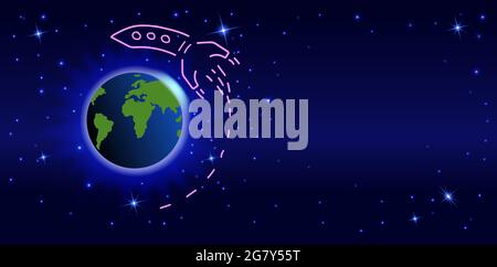 Doodle Rocket flying around the earth. Space dark background with planet earth and stars Stock Vector