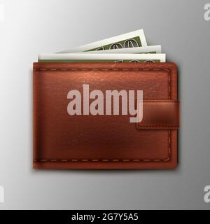 3d realistic vector leather wallet with cash of money inside. Stock Vector