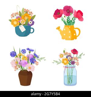 Four beautiful wildflower bouquets in different containers Stock Vector