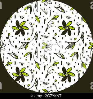 Doodle floral seamless pattern. Hand drawn decorative ink brush line, leaf, flowers, dots, scribble elements colored in olive green, yellow . White Stock Vector