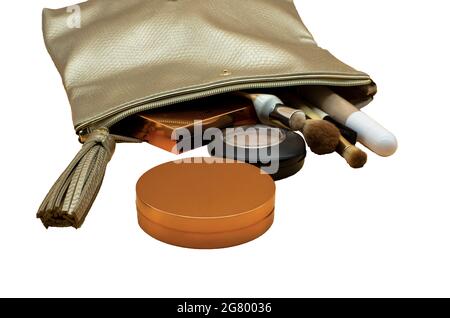 Cosmetic bag with beauty accessories and makeup products isolated with white Stock Photo