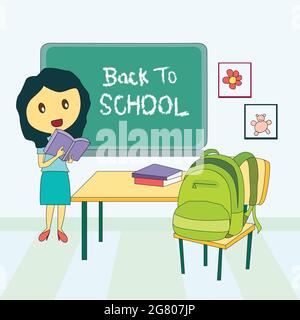 Poster of back to school. Teacher teaching the students in the classroom. The background of the poster is decorated with school bags, books, etc. Stock Vector