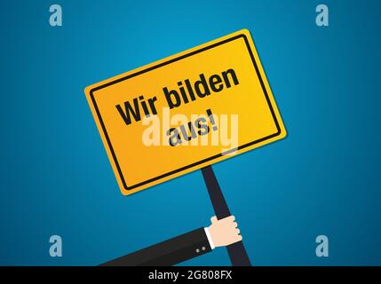 Yellow sign with German text meaning we train employees  Stock Vector