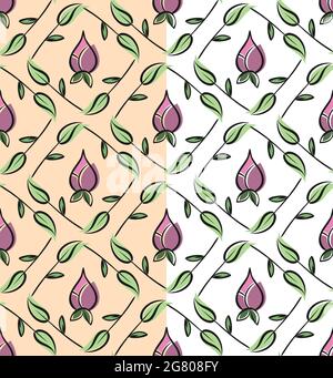 Folklore floral squared seamless pattern. Hand drawn decorative ink brush line, leaf, flower elements colored in green, lilac palette. White, cream Stock Vector
