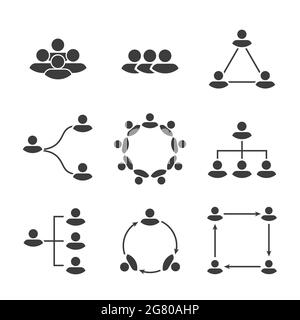 Social network icon set. Connections and relationships between people. Teamwork. Meeting, conference. Corporate and social hierarchy. illustration. Stock Photo