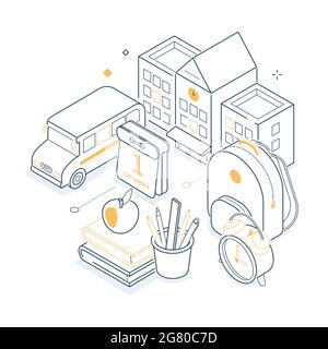 School day concept - isometric yellow and black line illustration. Studying idea. A composition with backpack, calendar, books, alarm clock, bus. Educ Stock Vector