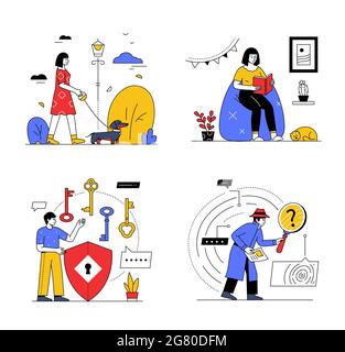 Daily activities - set of colorful flat design style illustration with line elements. Girl resting in the park and reading a book and boy searching an Stock Vector