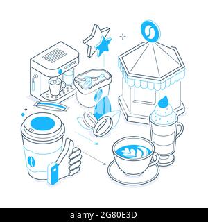 Coffee house - black and blue isometric line illustration. Cafe with hot beverages or shop idea. Latte, cappuccino, drinks composition. Latte, cappucc Stock Vector