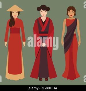 chinese, japanese and indian women, asian people, traditional culture Stock Vector