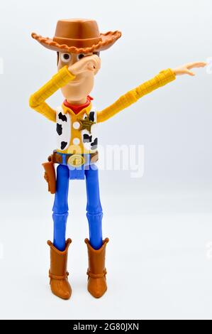 Istanbul Turkey August 04, 2019: Disney Infinity characters from the movie Toy Story Woody's shot out for a moment in my studio. Toy story Woody chara Stock Photo